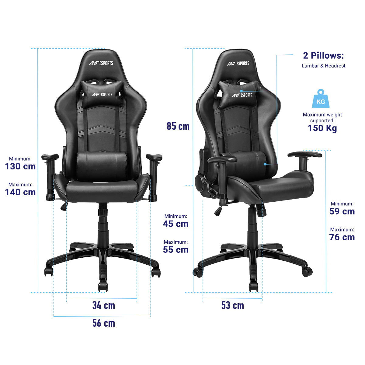 Ant Esports 9077 Ergonomic Black Gaming Chair Dimensions