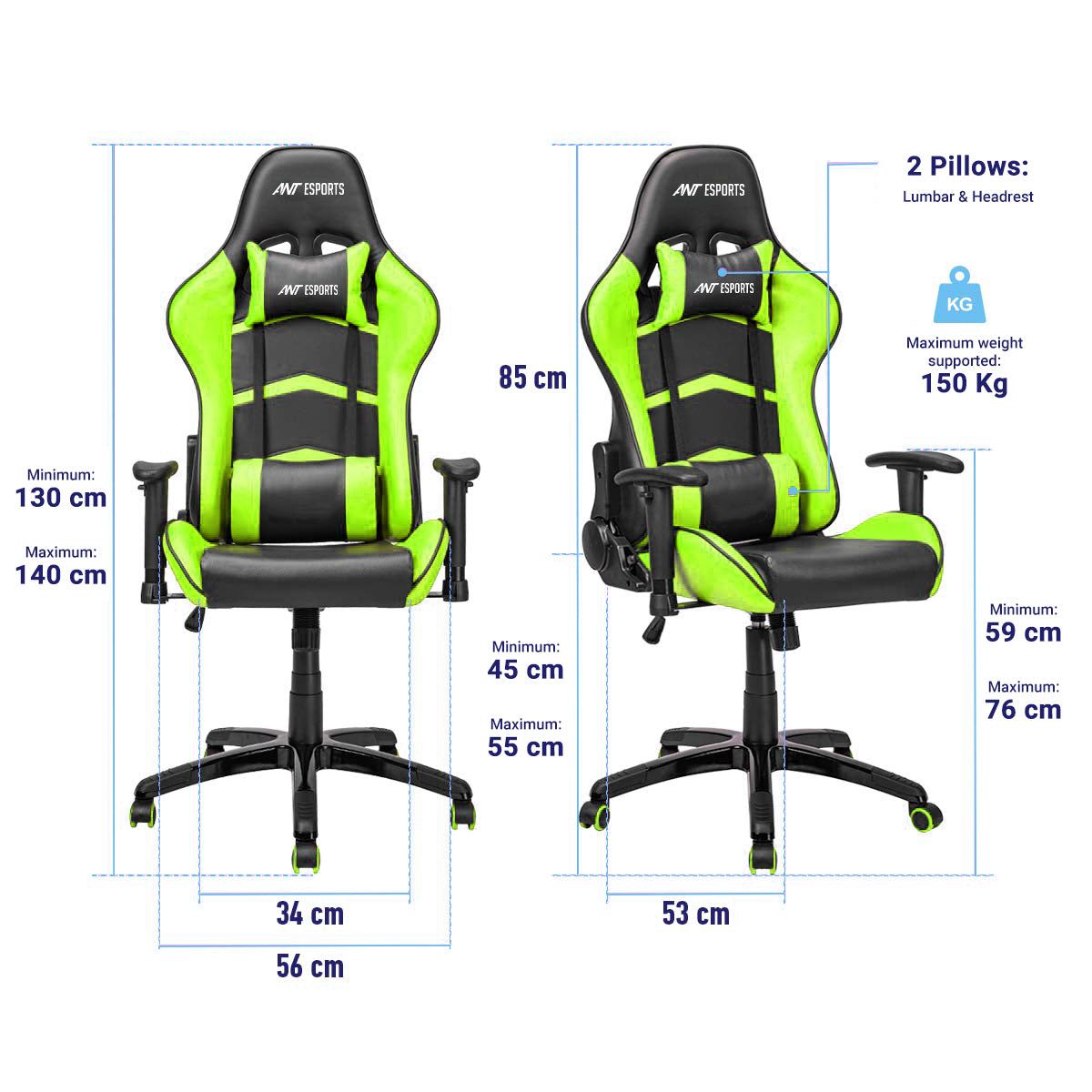 Ant Esports 9077 Ergonomic Black & Green Gaming Chair  Dimensions