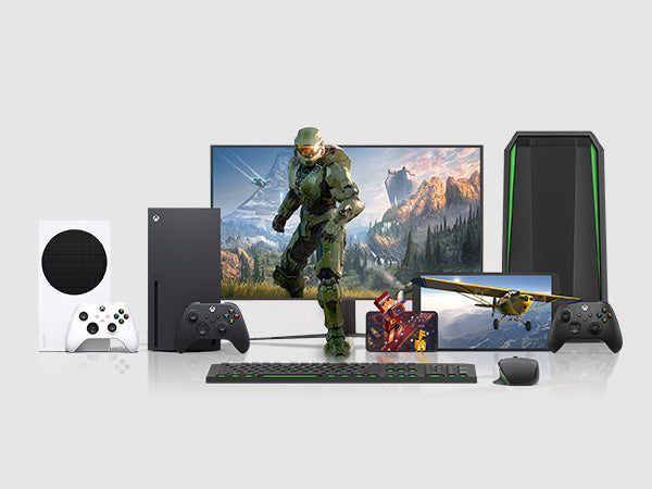 Gaming console with monitor, keyboard, and mouse on a white background