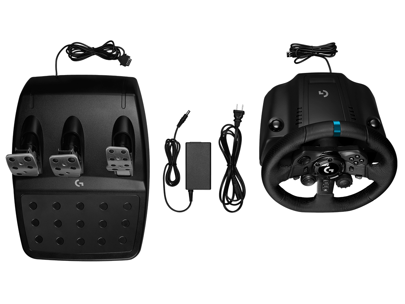 Logitech G923 TRUEFORCE Racing Wheel in original packaging with key features highlighted.