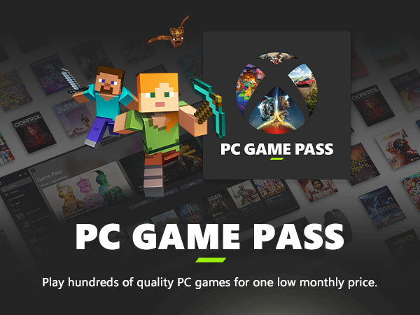 Advertisement for PC Game Pass with cartoon characters and game icons in the background.