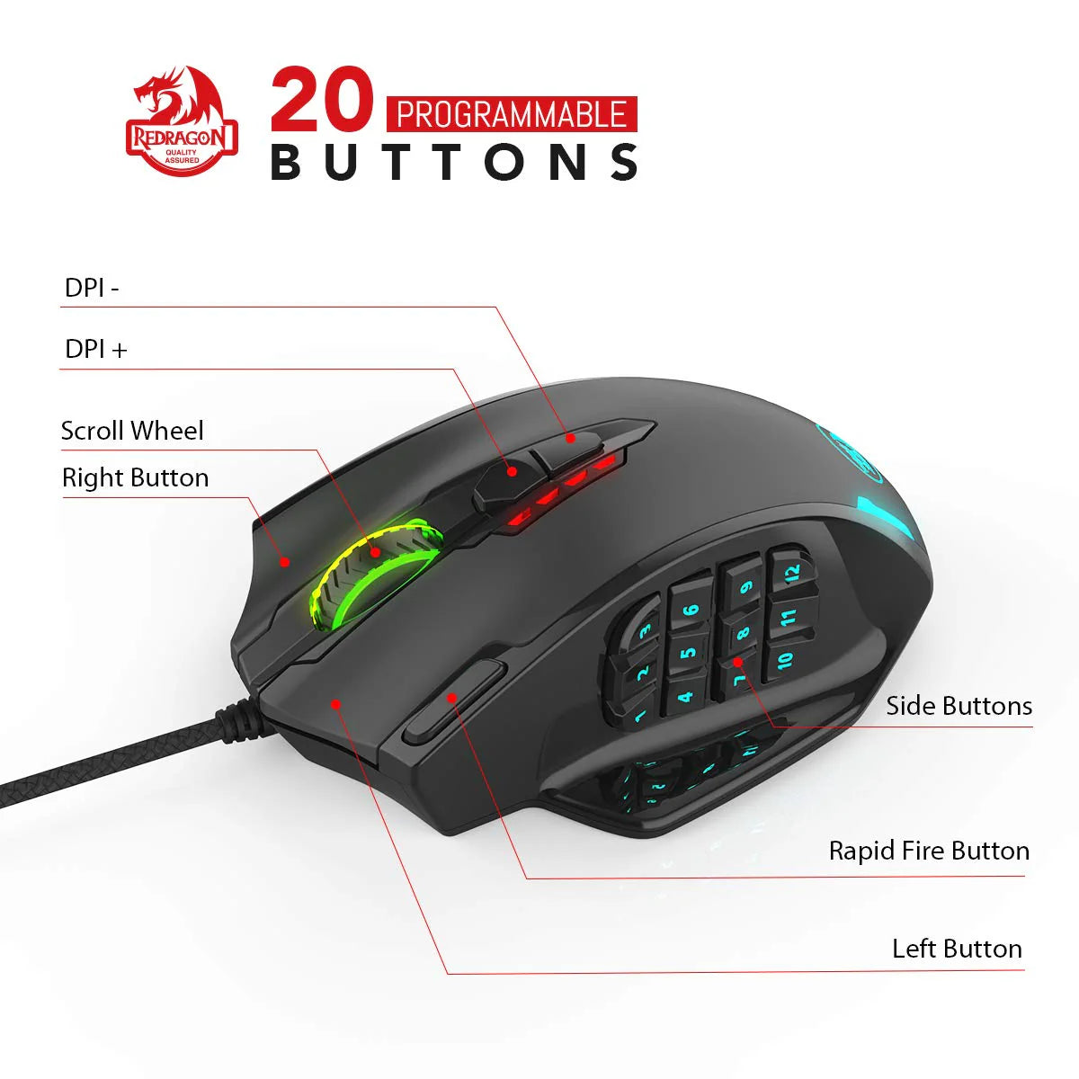 Redragon Impact M908 – RGB MMO Gaming Mouse (18 Buttons, 12 Side)