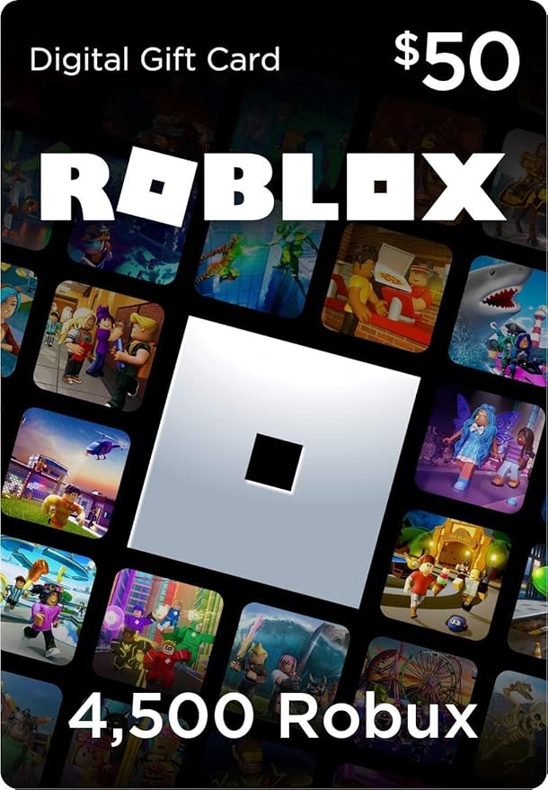 Roblox digital gift card with various game icons and $50 denomination.