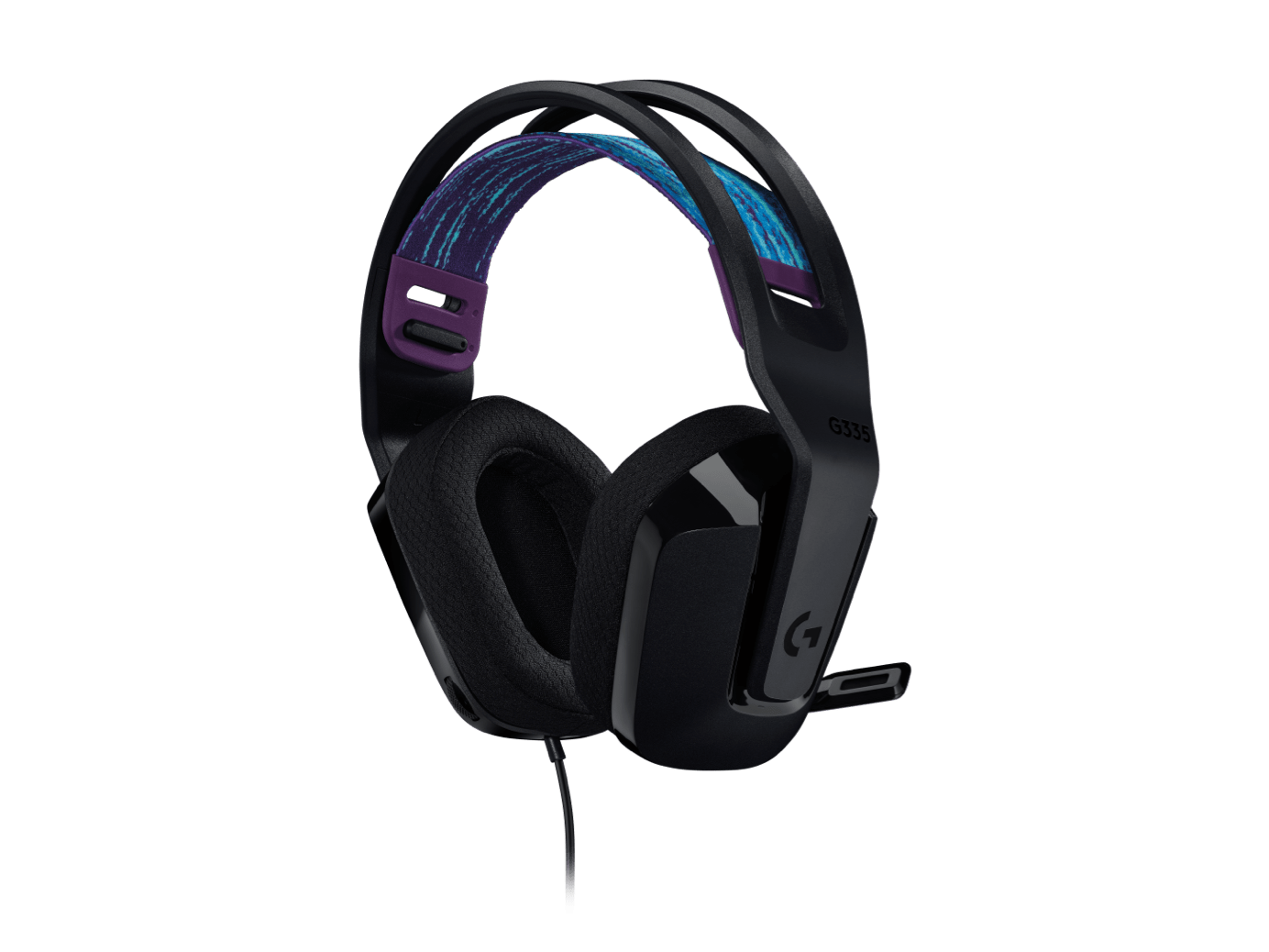 Side view of Logitech G335 Gaming Headset showcasing the adjustable suspension headband and flip-to-mute mic.