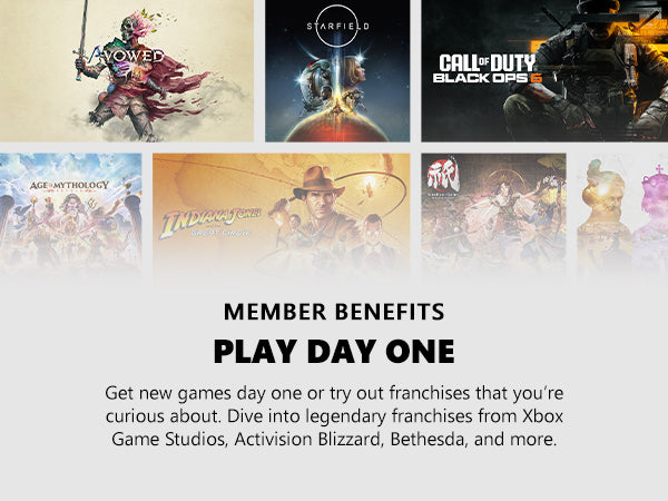 Promotional graphic for gaming membership benefits with game covers and text.