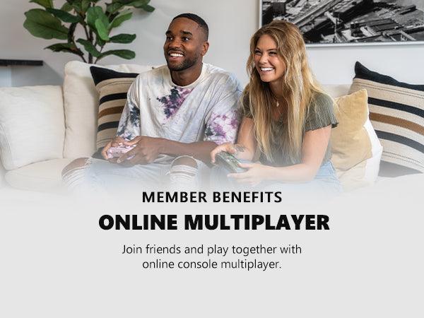 Two people sitting on a couch with text about online multiplayer benefits.