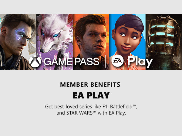 Promotional banner for Game Pass and EA Play with character images and text.