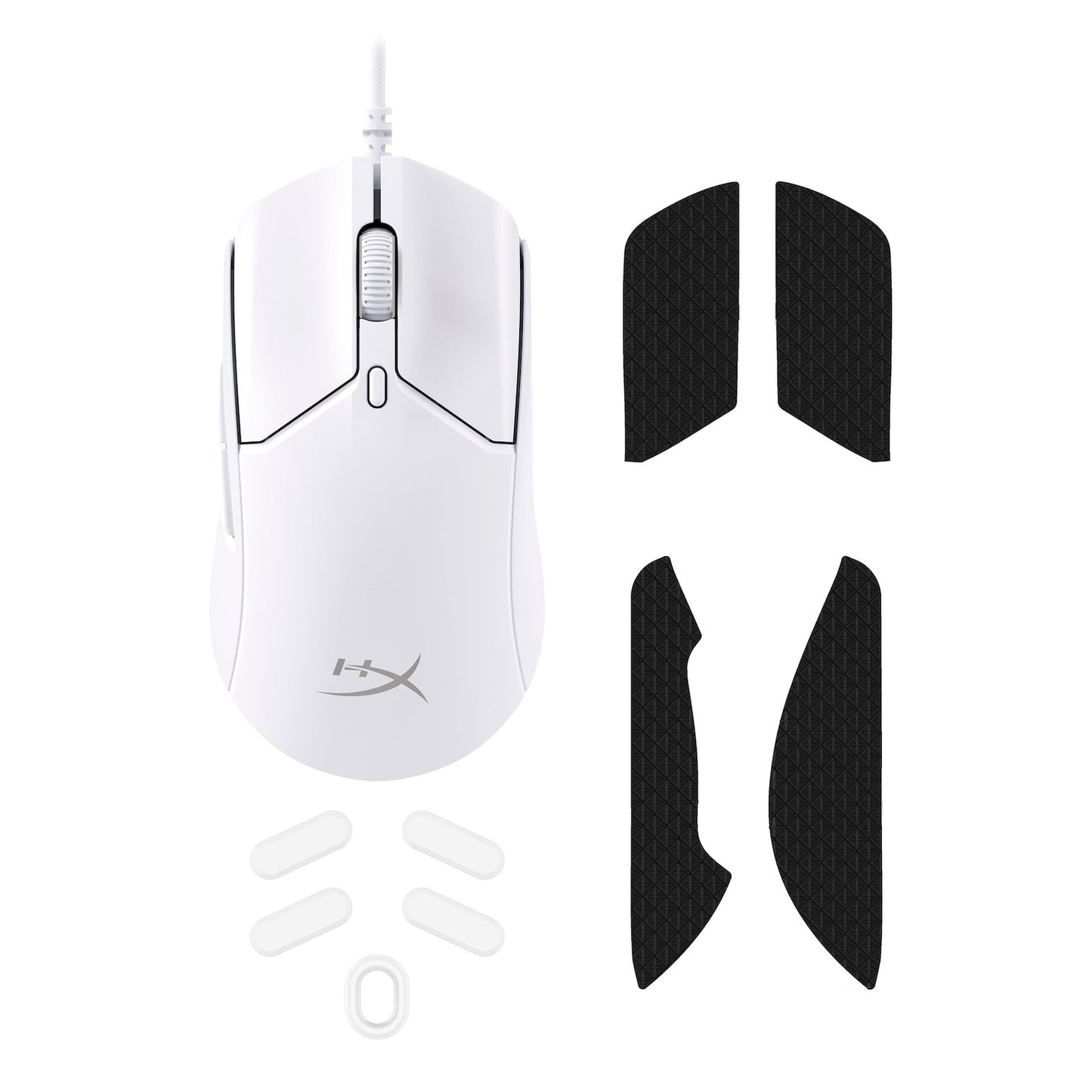 HyperX Pulsefire Haste 2 mouse in white with customizable RGB lighting for gaming setups.
