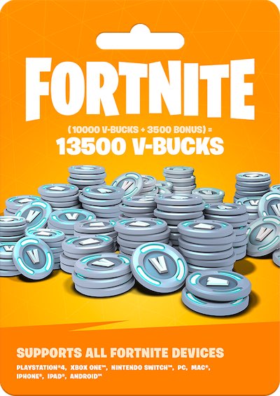 Fortnite V-Bucks pack with 13500 V-Bucks on an orange background