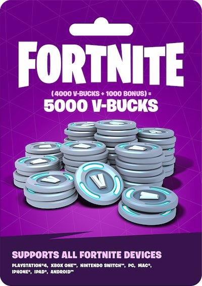 Fortnite 5000 V-Bucks pack with purple background and stack of V-Bucks