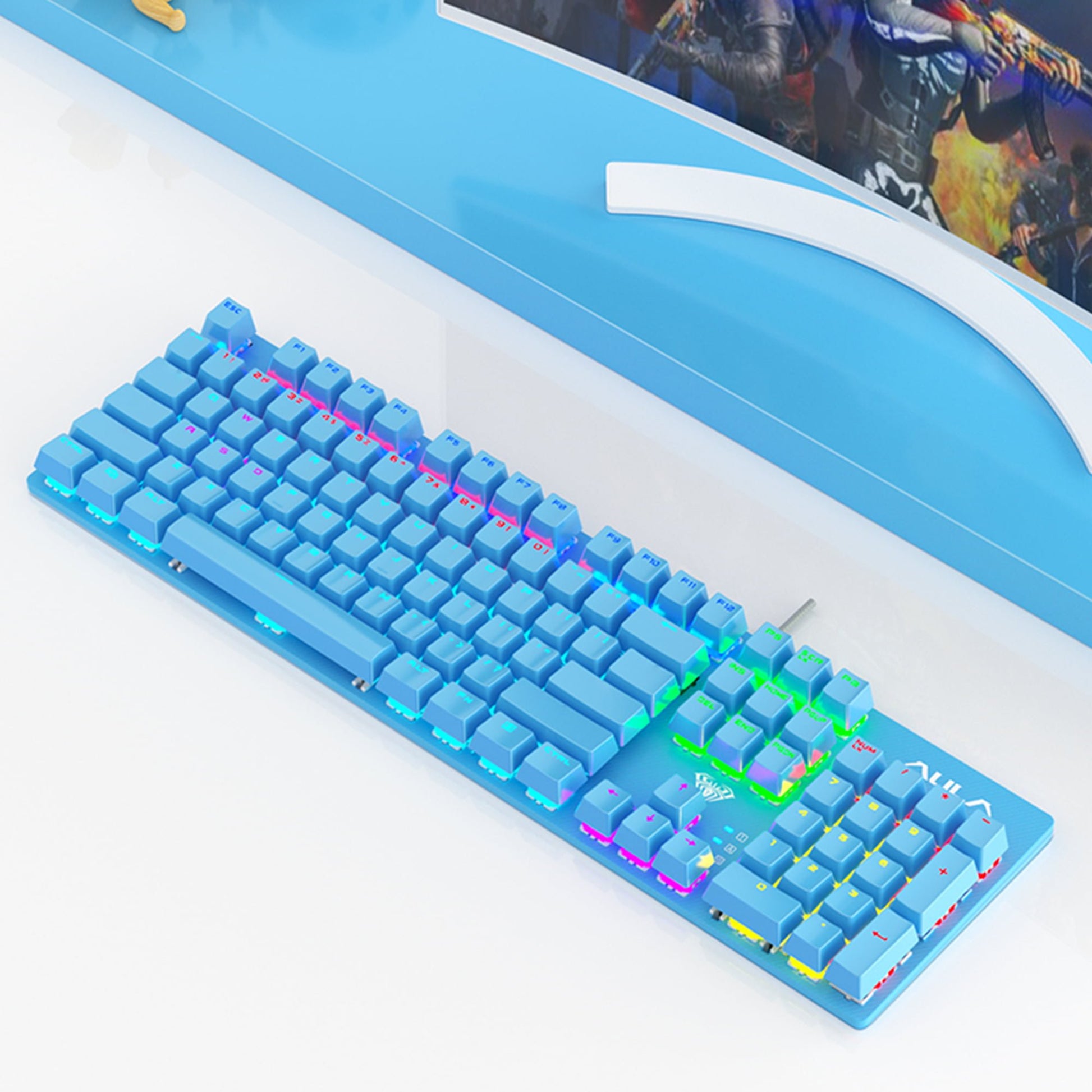 AULA S2022 with RGB lighting on desk setup in blue