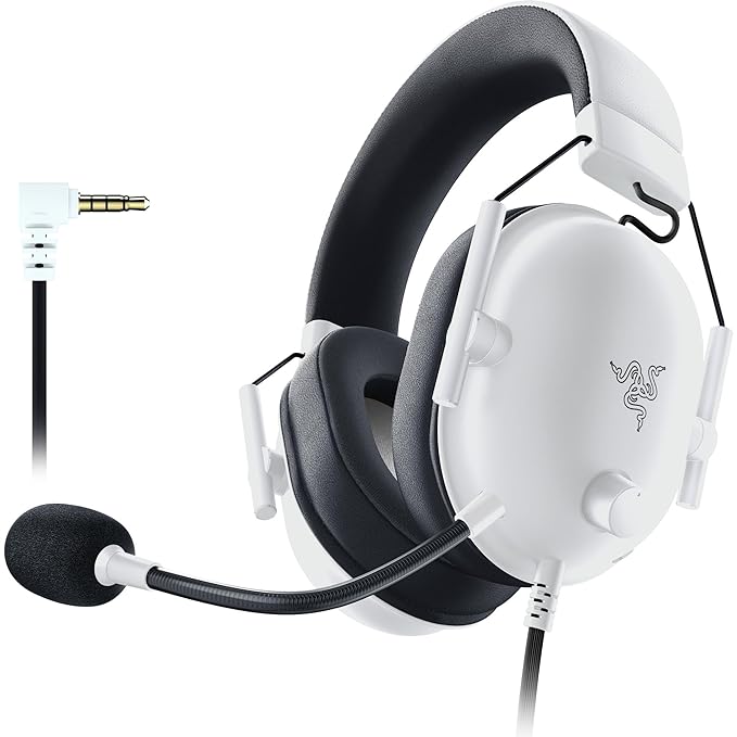 Razer BlackShark V2 X Wired Gaming Headset in white, featuring adjustable headband, memory foam ear cushions, and Razer HyperClear cardioid microphone.