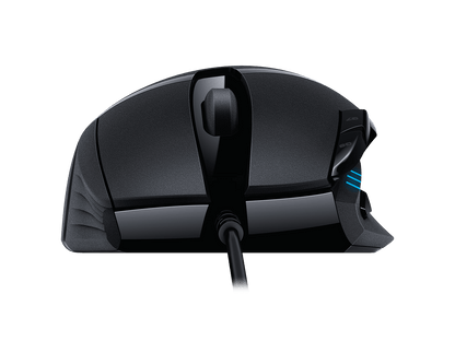 Close-up of DPI shift buttons on the Logitech G402 for on-the-fly sensitivity adjustments.