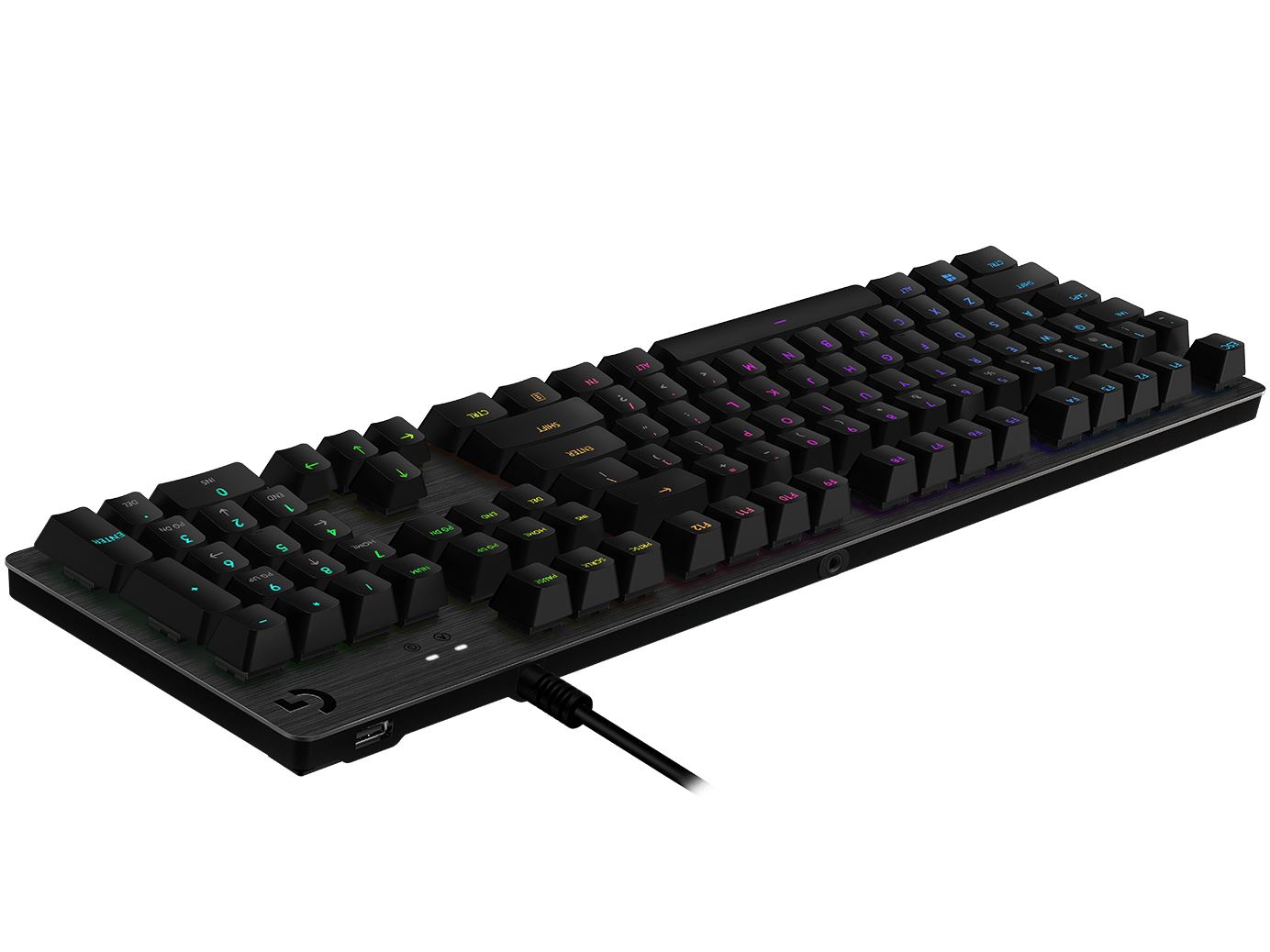 Close-up of Logitech G512 Carbon keyboard with customizable LIGHTSYNC RGB per-key lighting.