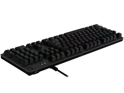 Close-up of Logitech G512 Carbon keyboard with customizable LIGHTSYNC RGB per-key lighting.