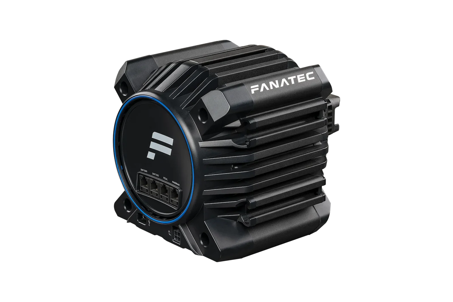 Fanatec Gran Turismo DD Pro racing setup with wheelbase, wheel, and pedals in a sim rig