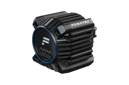 Fanatec Gran Turismo DD Pro racing setup with wheelbase, wheel, and pedals in a sim rig