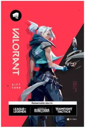Gift card for 3650 Valorant Points with character illustration on a red background