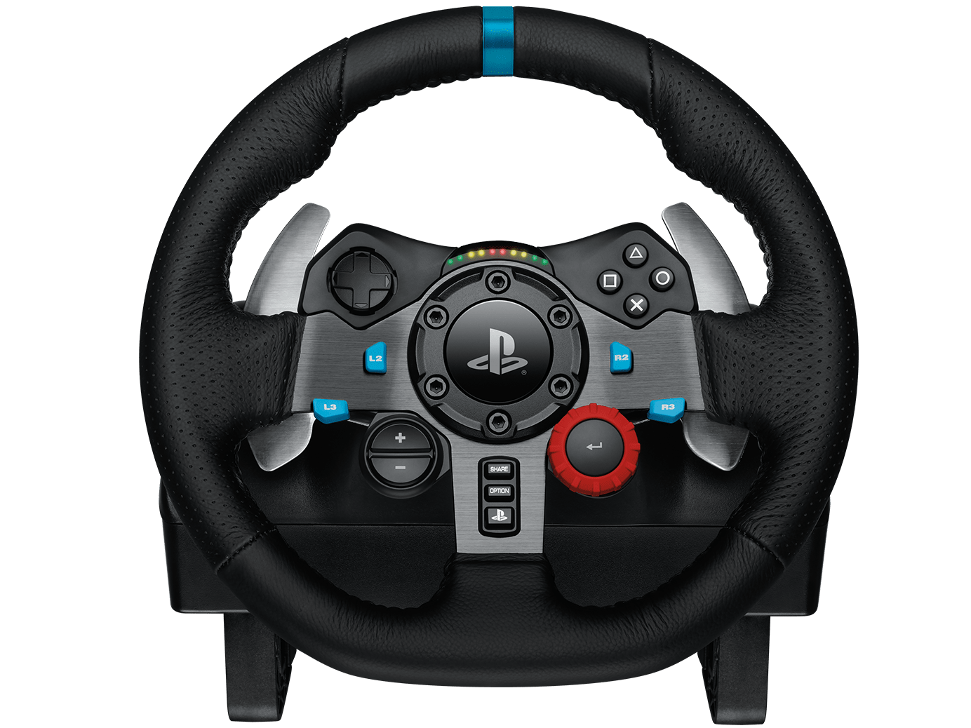 Logitech G29 Racing Wheel for PS5 with pedals and leather grip. G29 Front View