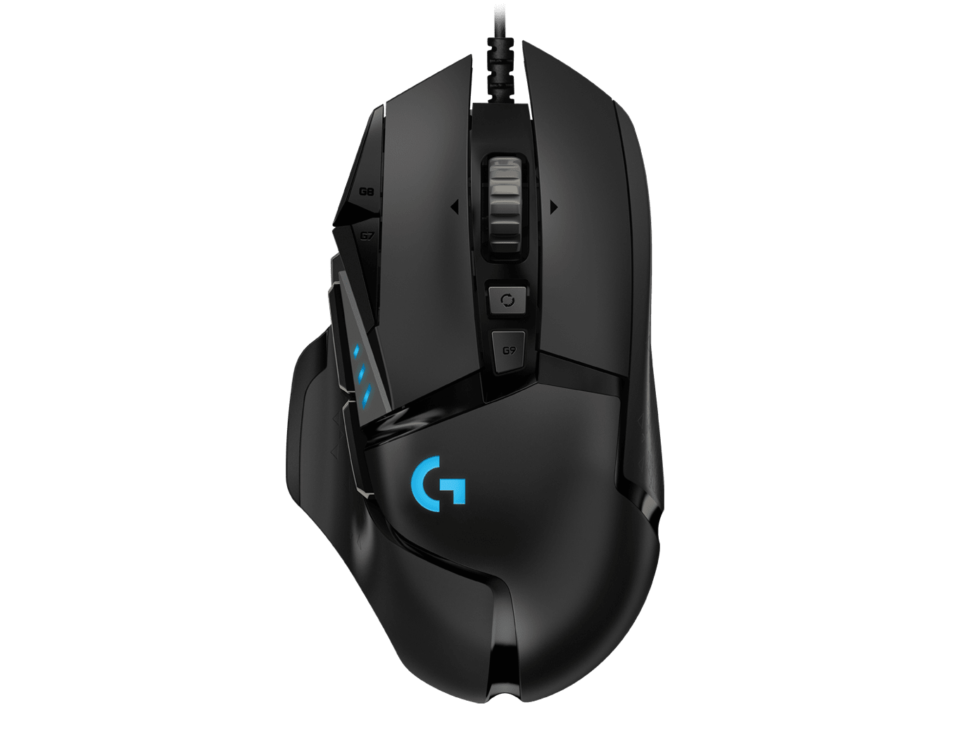 Logitech G502 HERO RGB Gaming Mouse in Black with HERO 25K sensor and customizable RGB lighting.