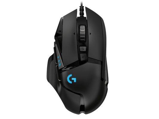 Logitech G502 HERO RGB Gaming Mouse in Black with HERO 25K sensor and customizable RGB lighting.