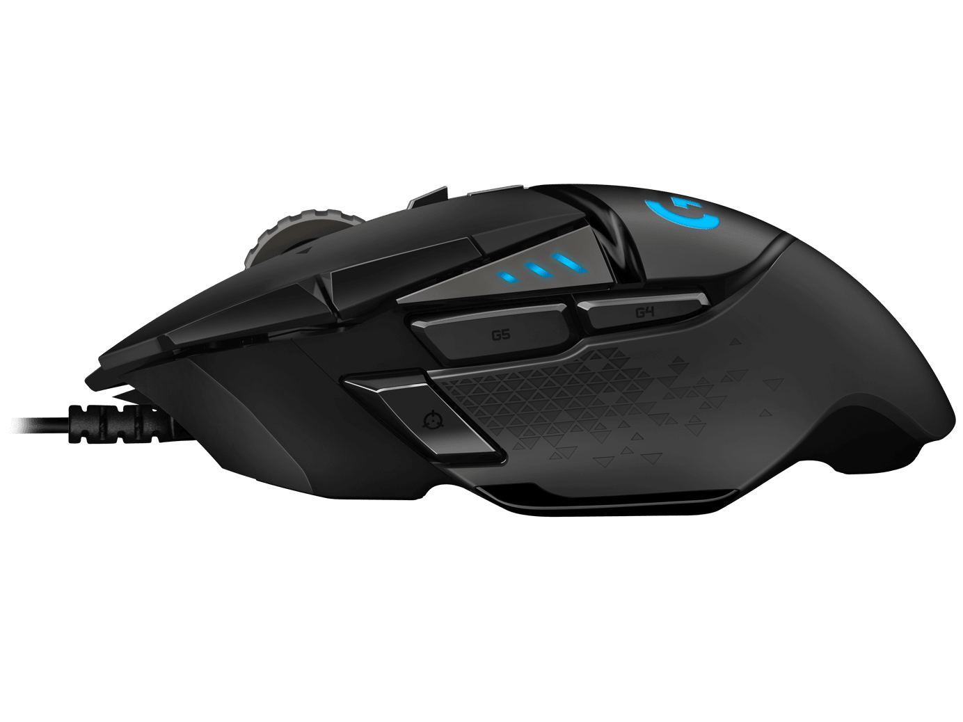 Logitech G502 HERO mouse with durable braided cable for reliable connectivity during intense gaming.