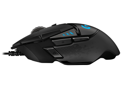 Logitech G502 HERO mouse with durable braided cable for reliable connectivity during intense gaming.
