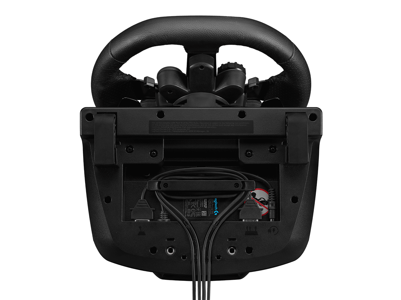 Logitech G923 Racing Wheel in a professional racing simulator setup with monitors and gaming chair.
