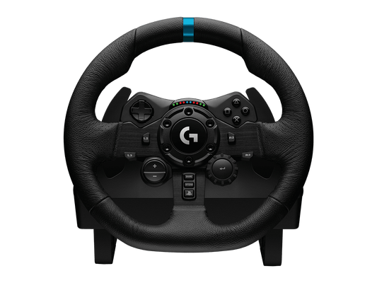 Logitech G923 TRUEFORCE Racing Wheel with pedals and leather-wrapped steering wheel.