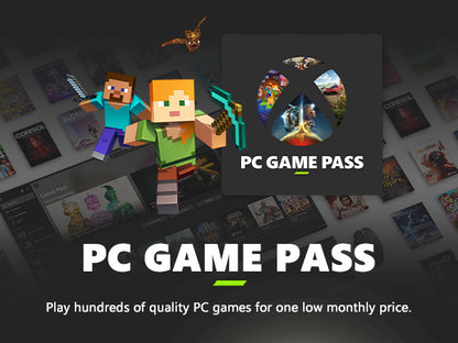 Advertisement for PC Game Pass with cartoon characters and game icons in the background.