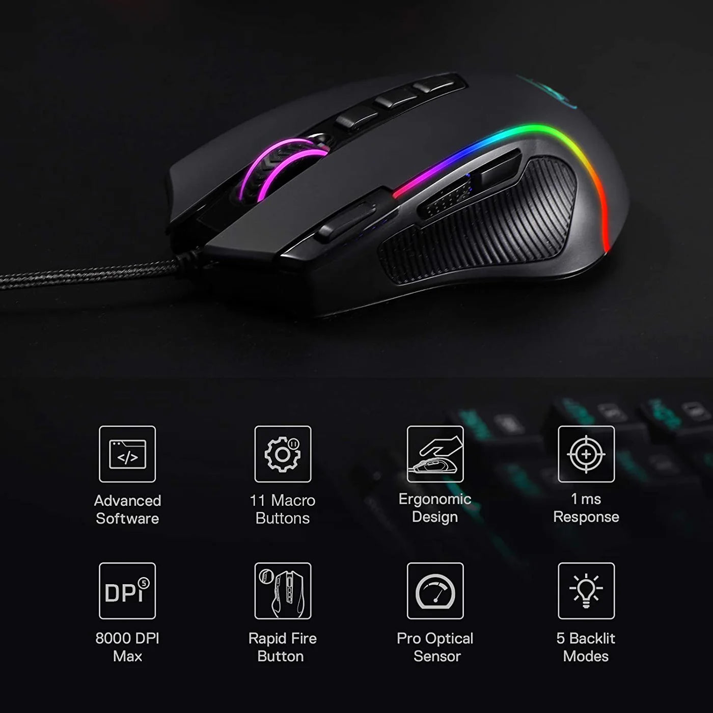 Redragon Predator M612 – RGB Wired Gaming Mouse | 11 Buttons, 8000 DPI
