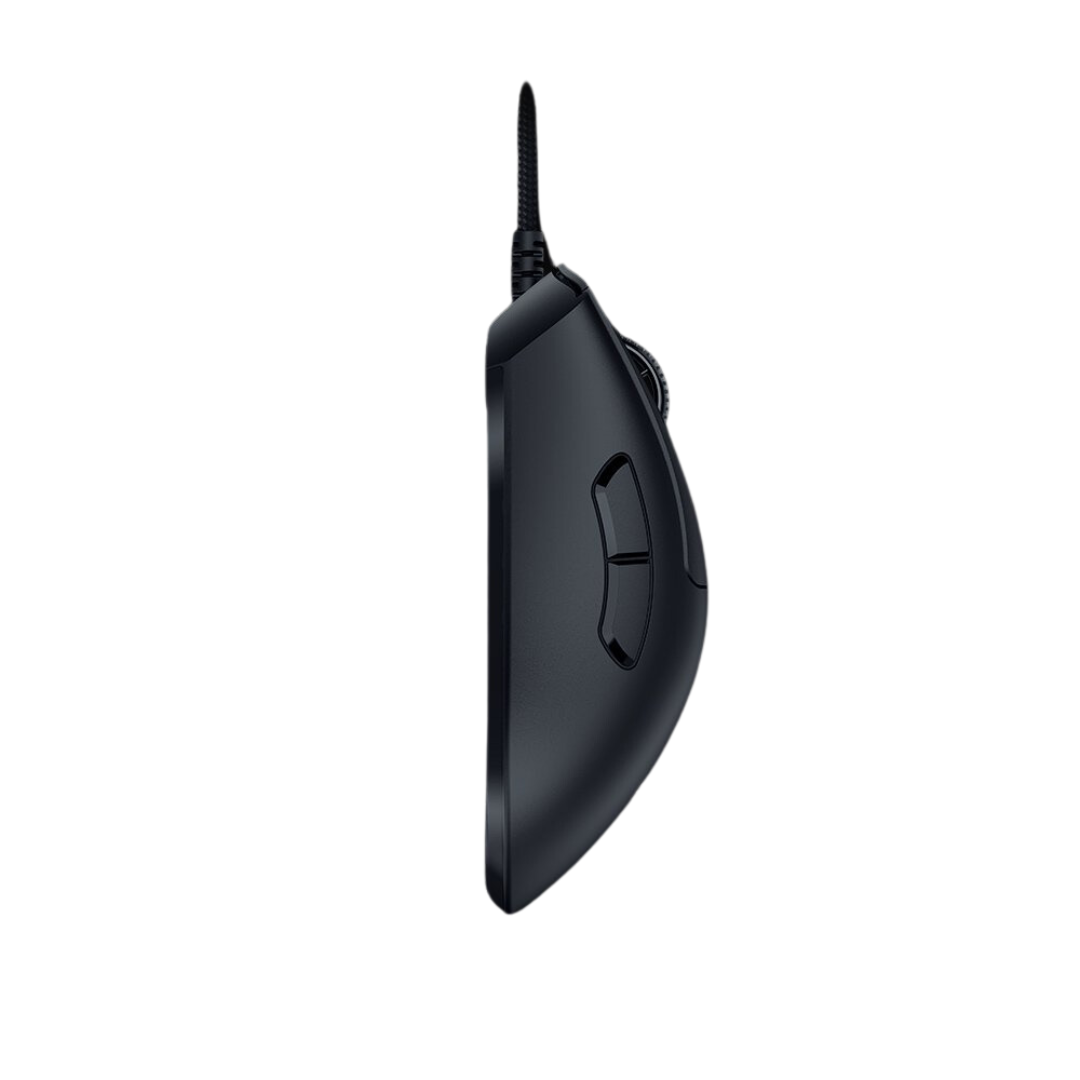 Side view of the Razer DeathAdder V3 black wired mouse, showcasing its ergonomic shape for comfortable long gaming sessions.