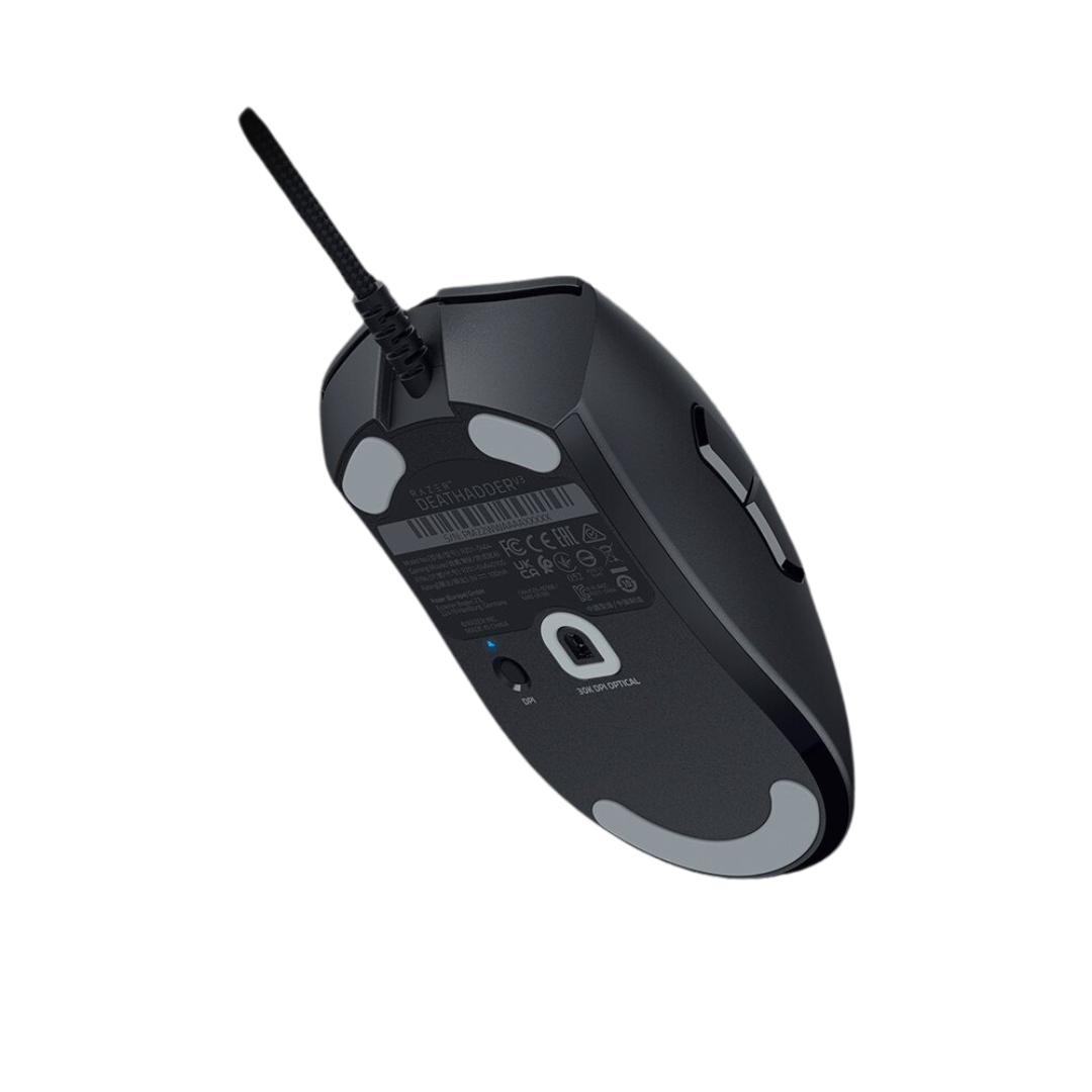 Razer DeathAdder V3 wired gaming mouse illuminated with customizable Chroma RGB lighting, offering vibrant colors to match your gaming setup.