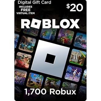 Roblox digital gift card with $20 value and 1,700 Robux for free virtual item.