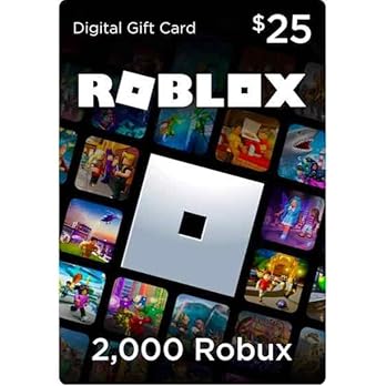 Roblox digital gift card with $25 value and 2,000 Robux on a black background.