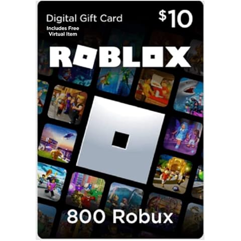 Roblox digital gift card of 10$ with various game thumbnails on a black background