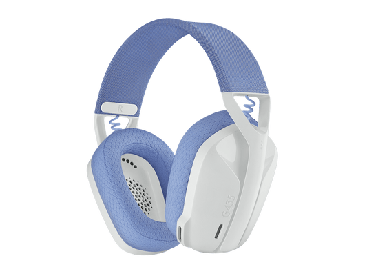 Logitech G435 Wireless White Gaming Headset in sleek design with dual wireless connectivity options.