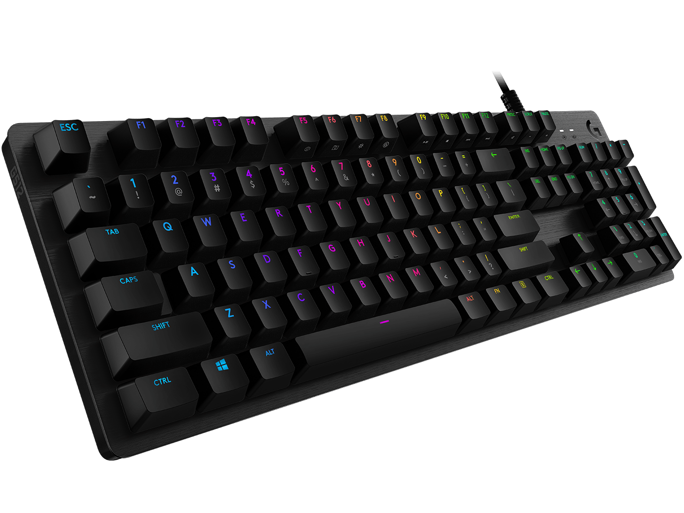 Side view of Logitech G512 Carbon keyboard showcasing its slim, aluminum alloy design.