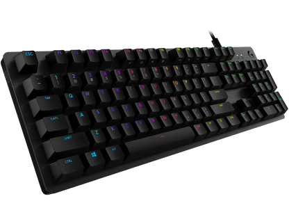 Side view of Logitech G512 Carbon keyboard showcasing its slim, aluminum alloy design.