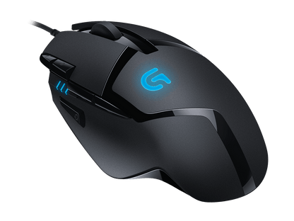 Side view of the Logitech G402 Hyperion Fury with ergonomic contours for palm grip comfort.