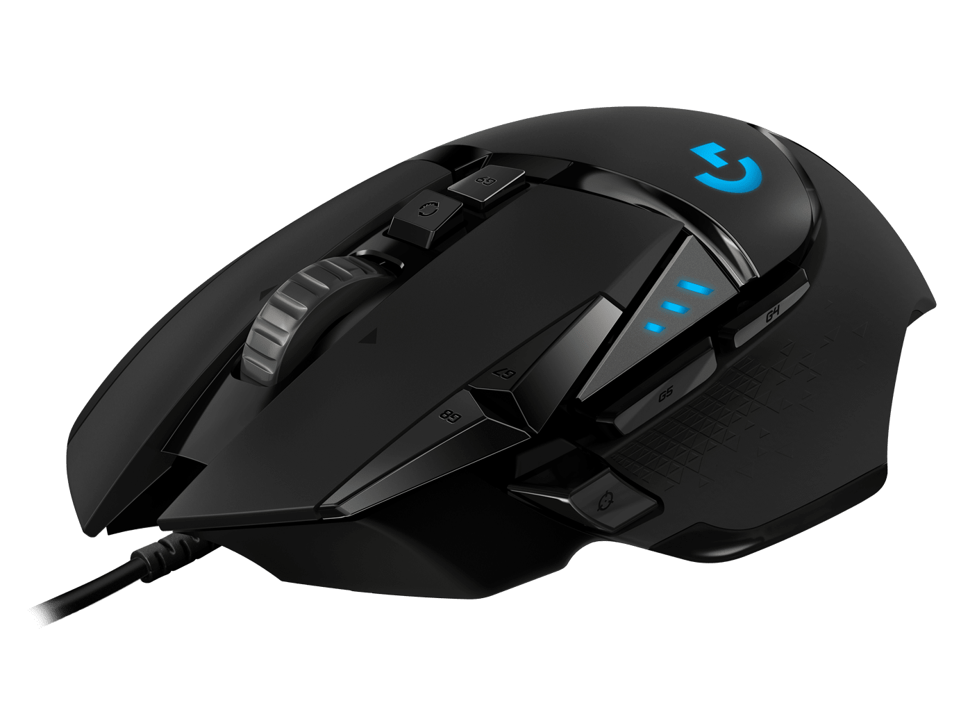 Side view of the Logitech G502 HERO Gaming Mouse showing 11 programmable buttons and ergonomic grip.