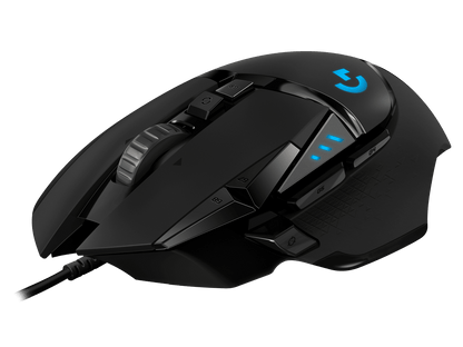 Side view of the Logitech G502 HERO Gaming Mouse showing 11 programmable buttons and ergonomic grip.