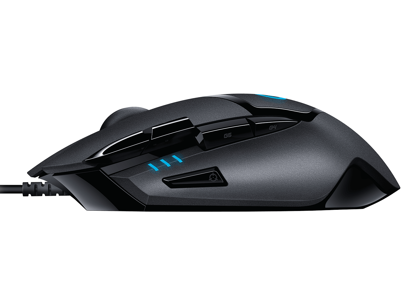 Top view of Logitech G402 Gaming Mouse showcasing 8 programmable buttons and sleek LED lighting.