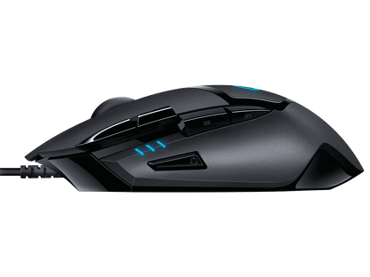 Top view of Logitech G402 Gaming Mouse showcasing 8 programmable buttons and sleek LED lighting.