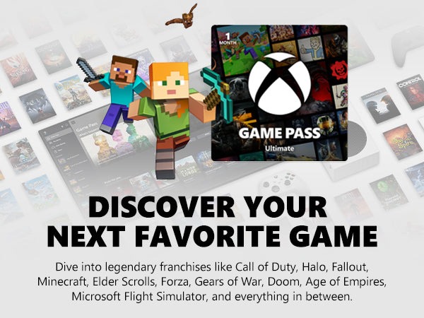 Promotional graphic for Xbox Game Pass Ultimate with Minecraft characters and game icons.