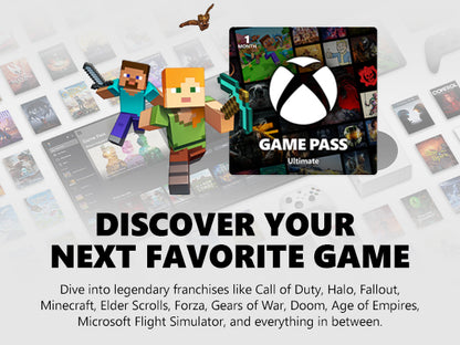Promotional graphic for Xbox Game Pass Ultimate with Minecraft characters and game icons.