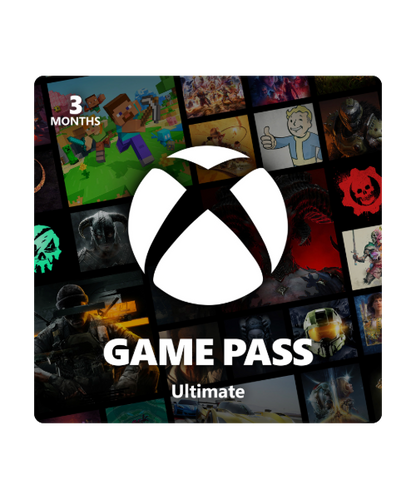 Xbox Game Pass Ultimate card with game thumbnails and logo on a black background