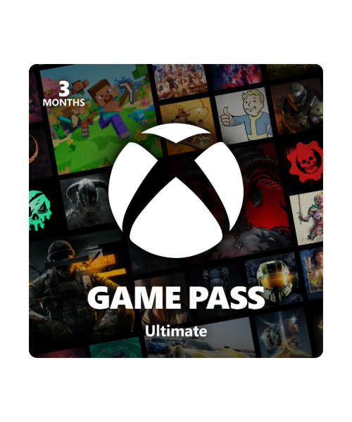 Xbox Game Pass Ultimate card with game thumbnails and logo on a black background