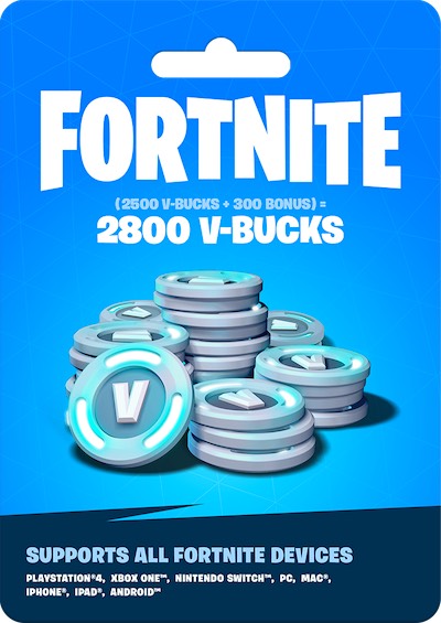 Fortnite 2800 V-Bucks digital card with blue background and V-Bucks icons.