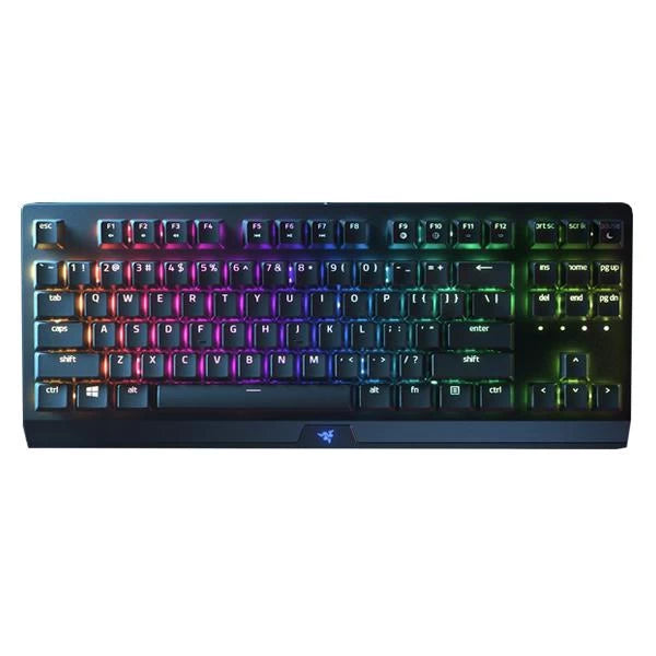 Razer BlackWidow V3 Tenkeyless keyboard illuminated with customizable RGB Chroma backlighting, showing vibrant colors for a personalized setup.